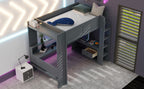 Wood Full Size Gaming Loft Bed with Desk, Storage Shelves, and LED Lighting