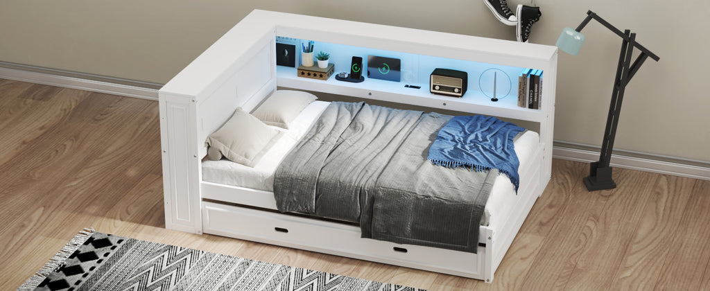 Full Size Wood Daybed with Storage Shelves, USB, LED, and Trundle