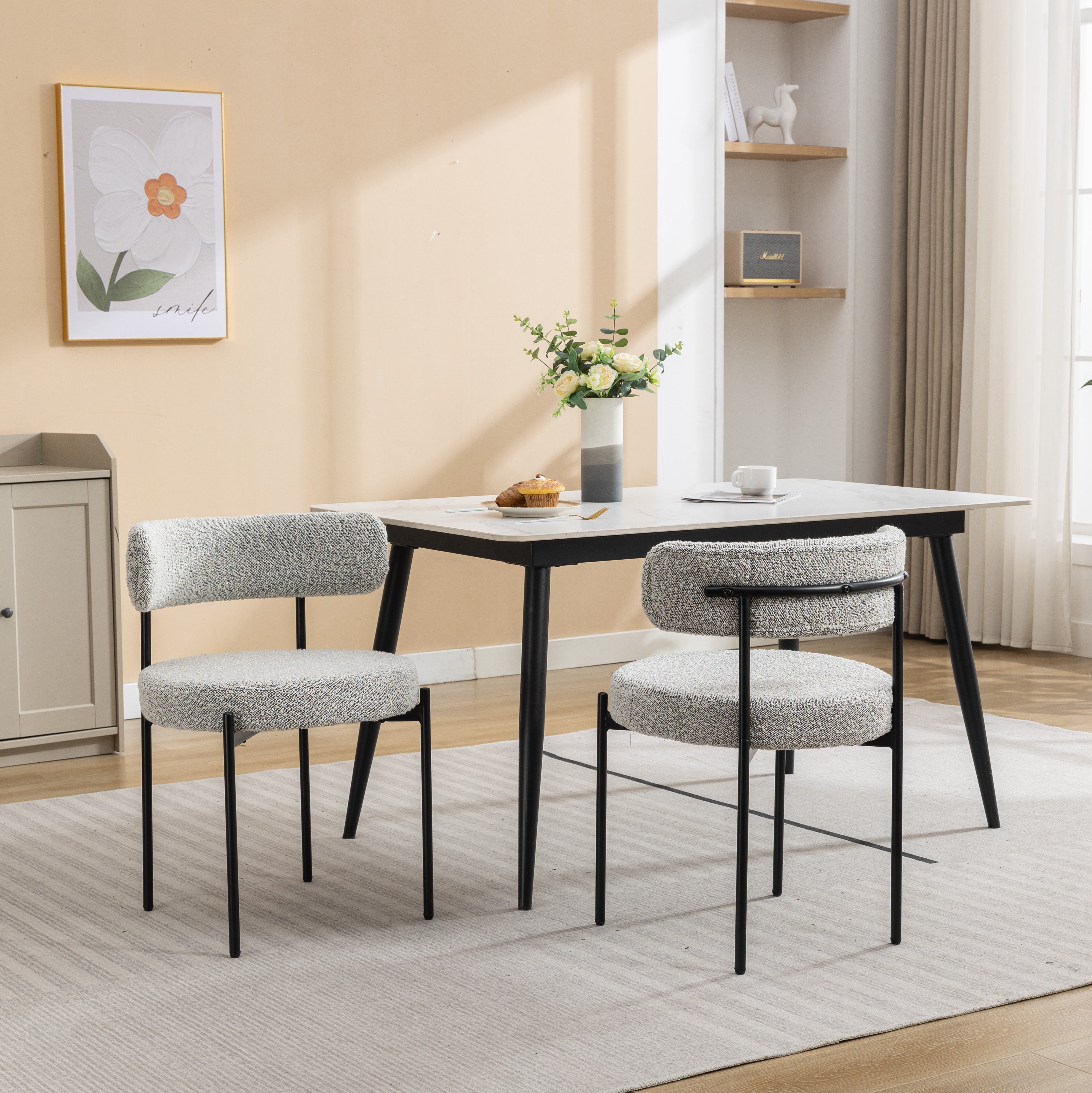 Burbank Modern Round Boucle Dining Chairs, Set of 2