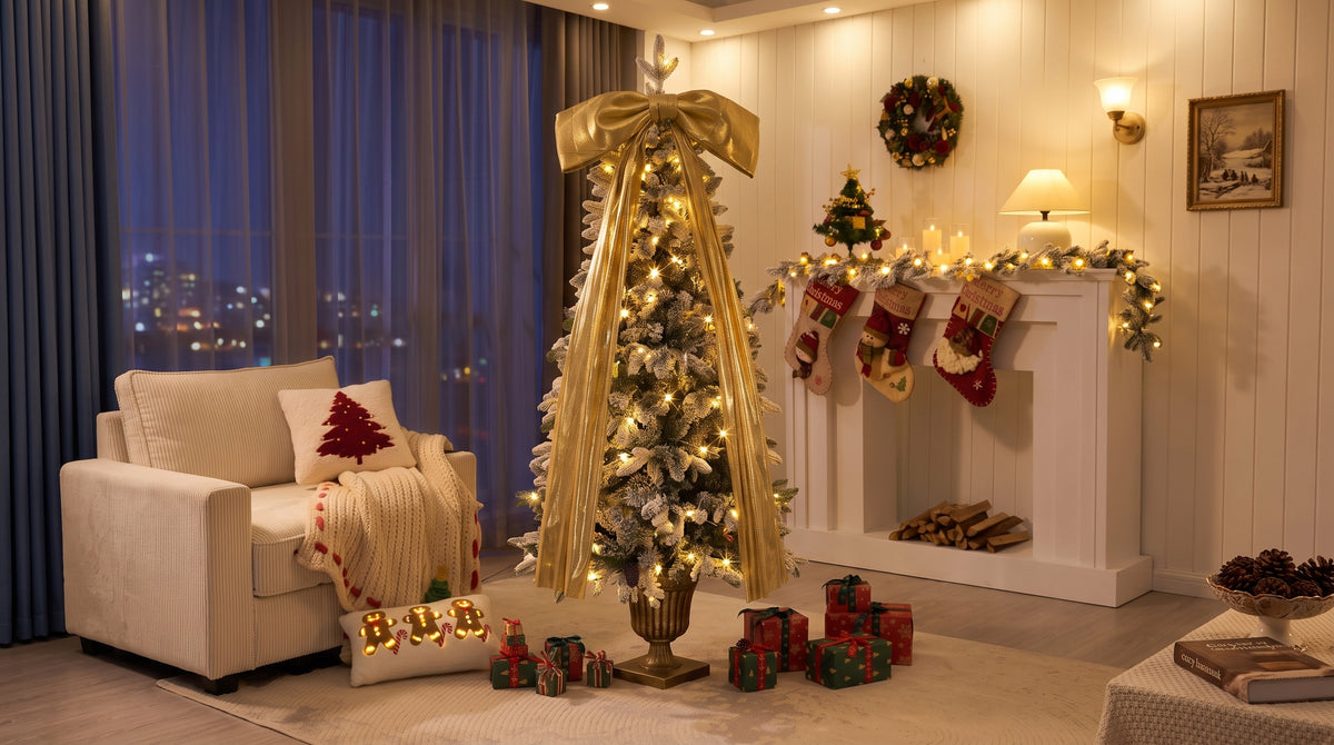 6FT Pre-Lit Flocked Christmas Tree with Real Pine Cones