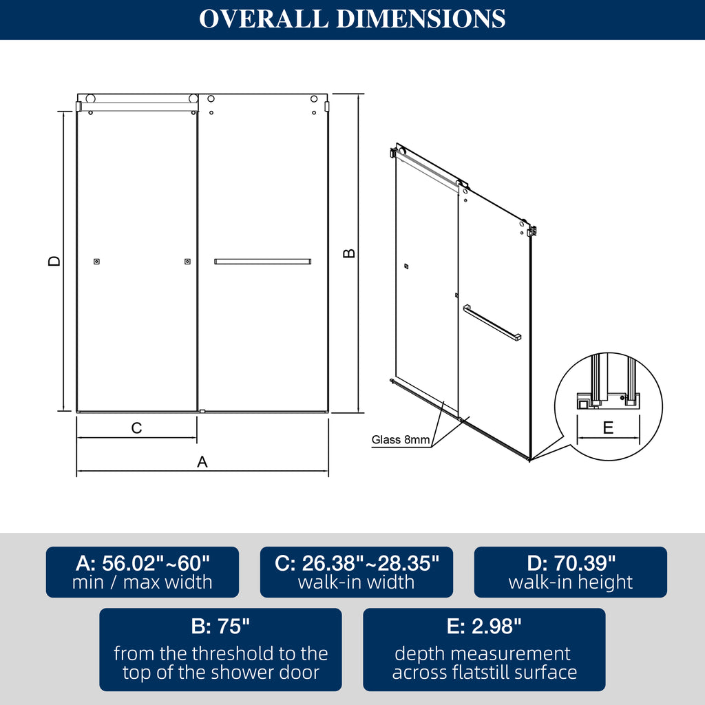 60"W x 75"H Double-Sliding Shower Door Matte