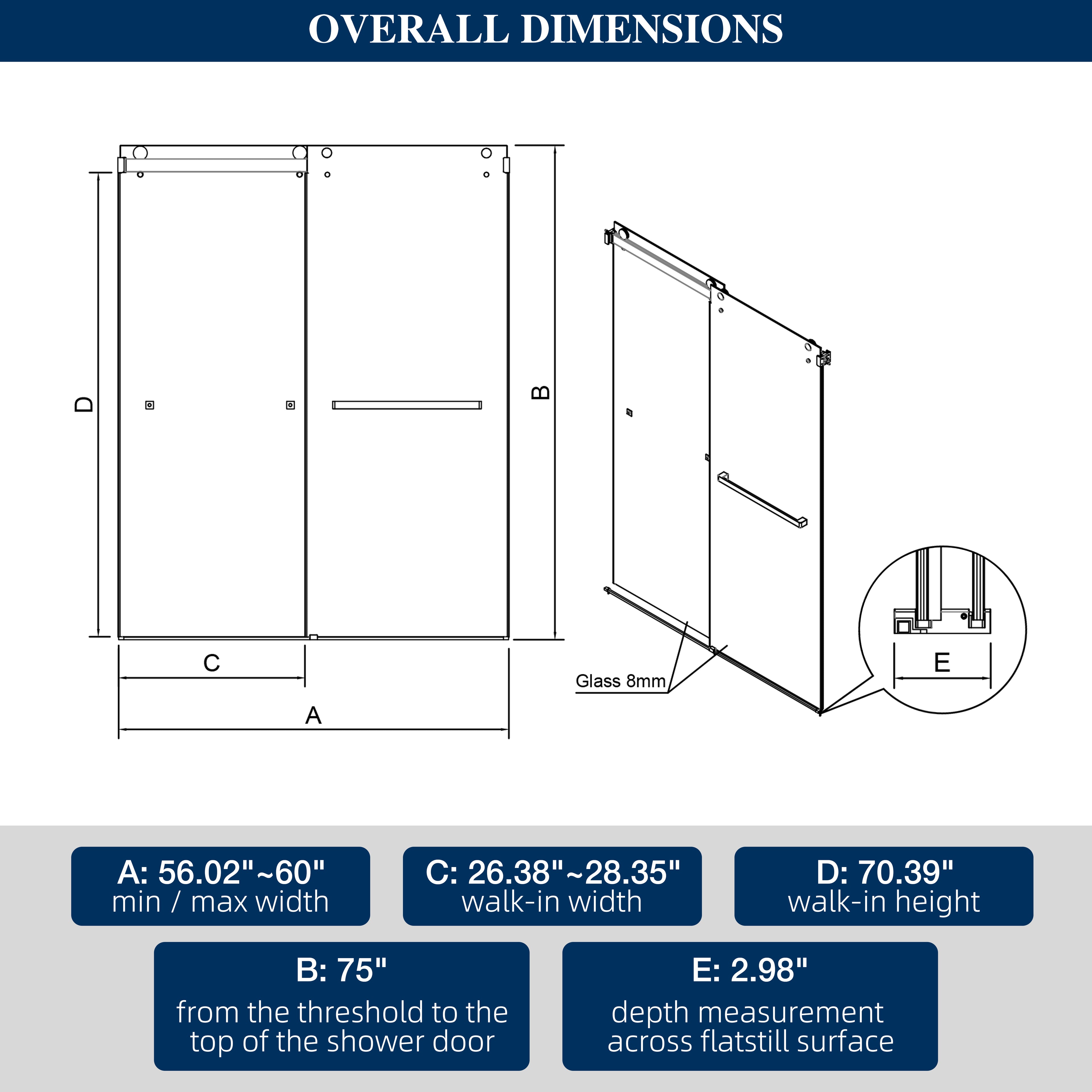 60"W x 75"H Double-Sliding Shower Door Matte