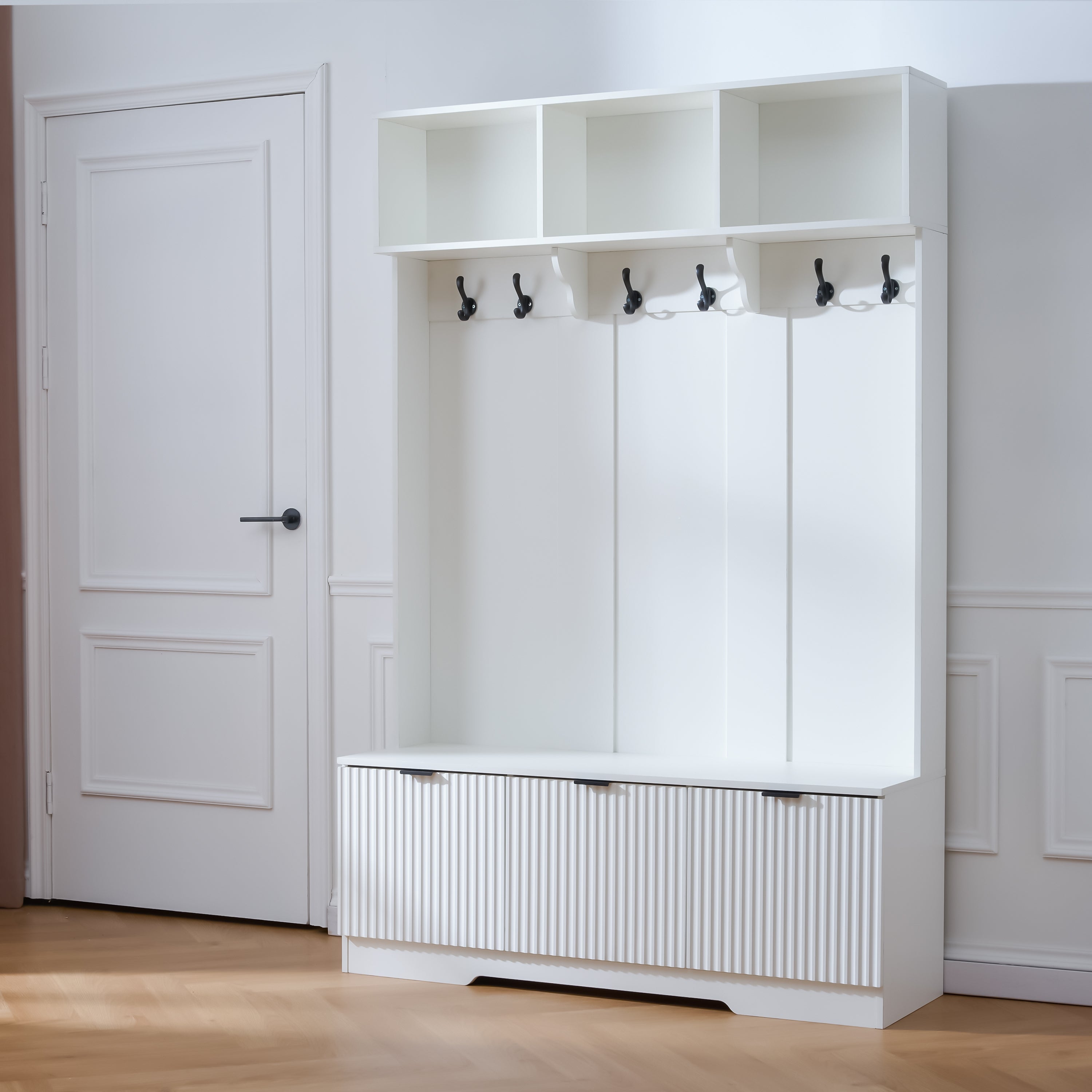 49.6" 5-in-1 Hall Tree with Bench, Shoe Storage & Open Cabinets