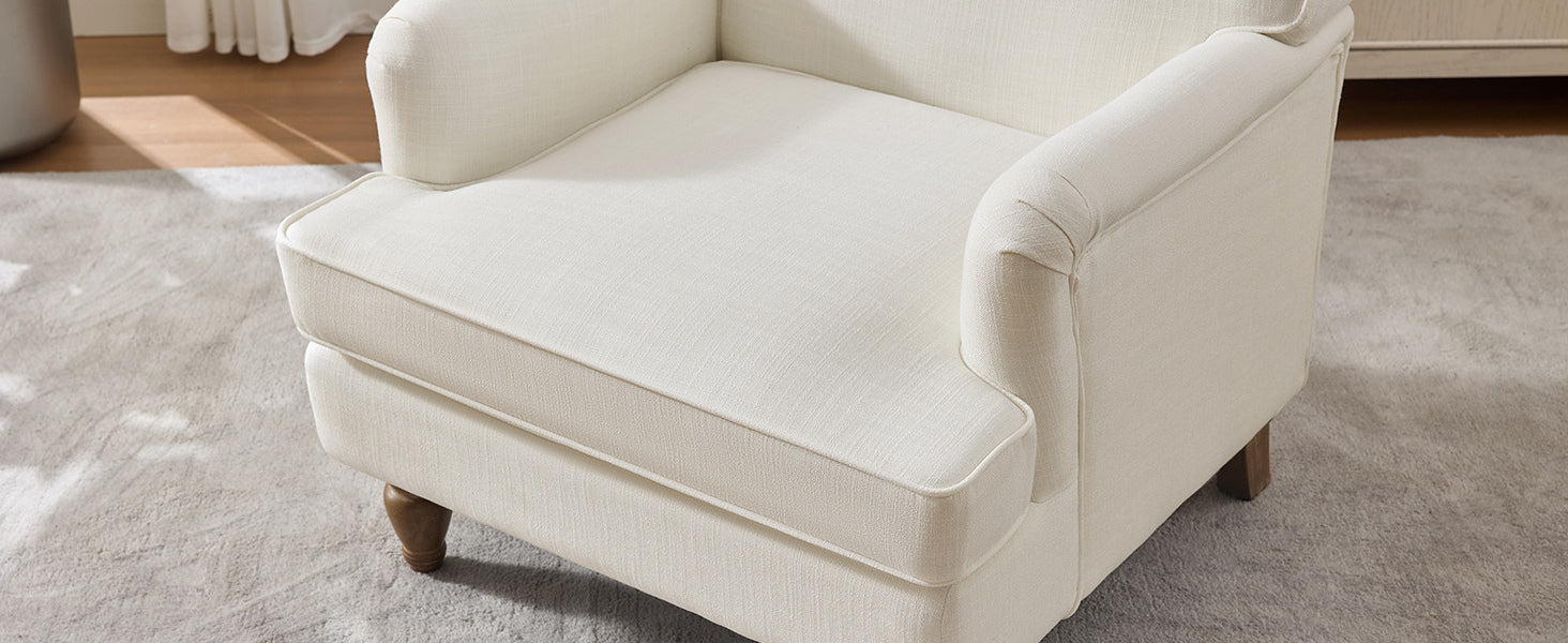 Vintage Upholstered Linen Fabric Armchair with Antique Solid Wood Legs
