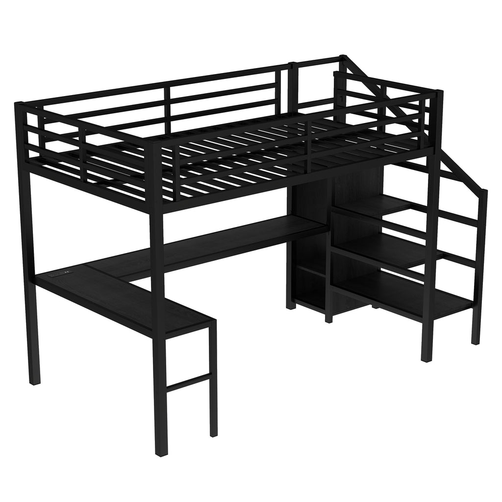 Full Size Loft Bed with L-Shaped Desk and USB