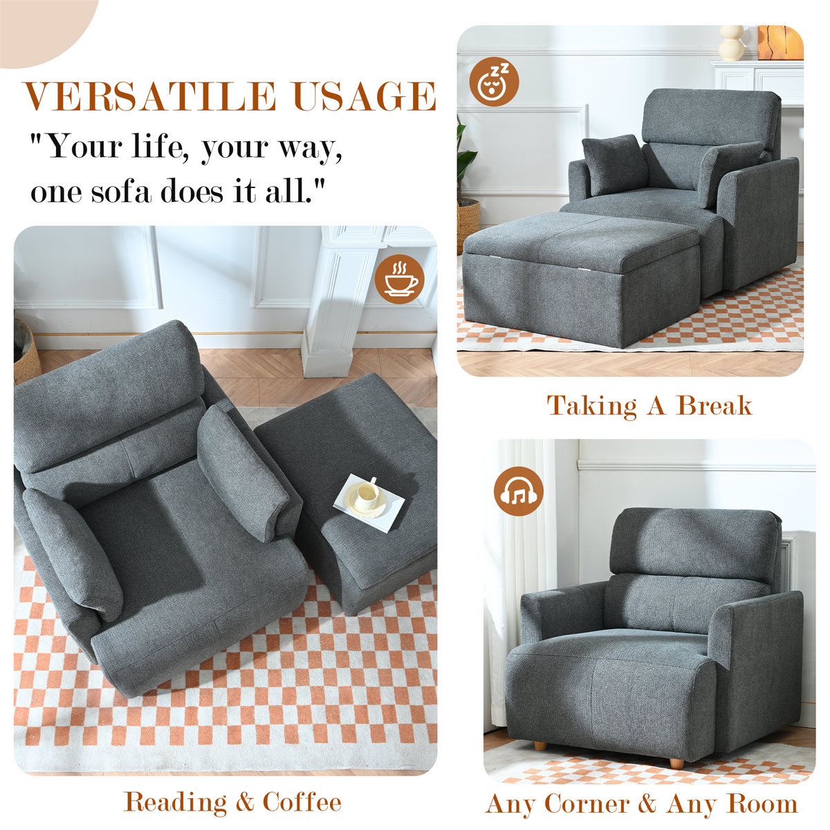 Oversized Accent Chair with Storage Ottoman, Dark Gray Velvet