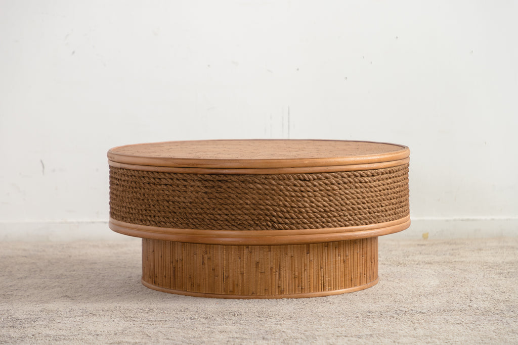 31.5-Inch Round Retro Coffee Table With Flip-Top Cover, Natural