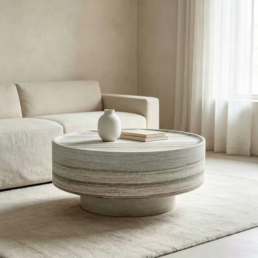 Round 31.5" Coffee Table, Light Gray Fiberglass with Stone Texture