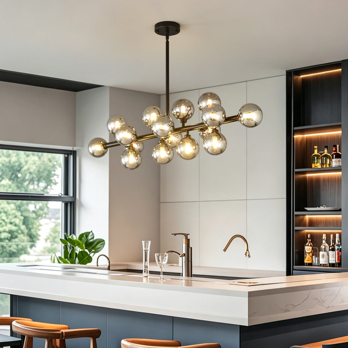 Pendant Lamp with Smoke Grey Glass Shade, 16-Light, Matte Black
