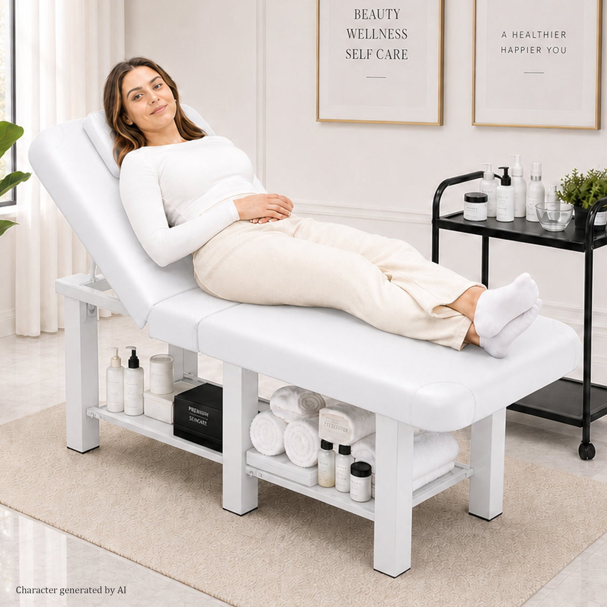 74.8-Inch Wide Massage Bed with Adjustable Backrest, Removable Headrest, White