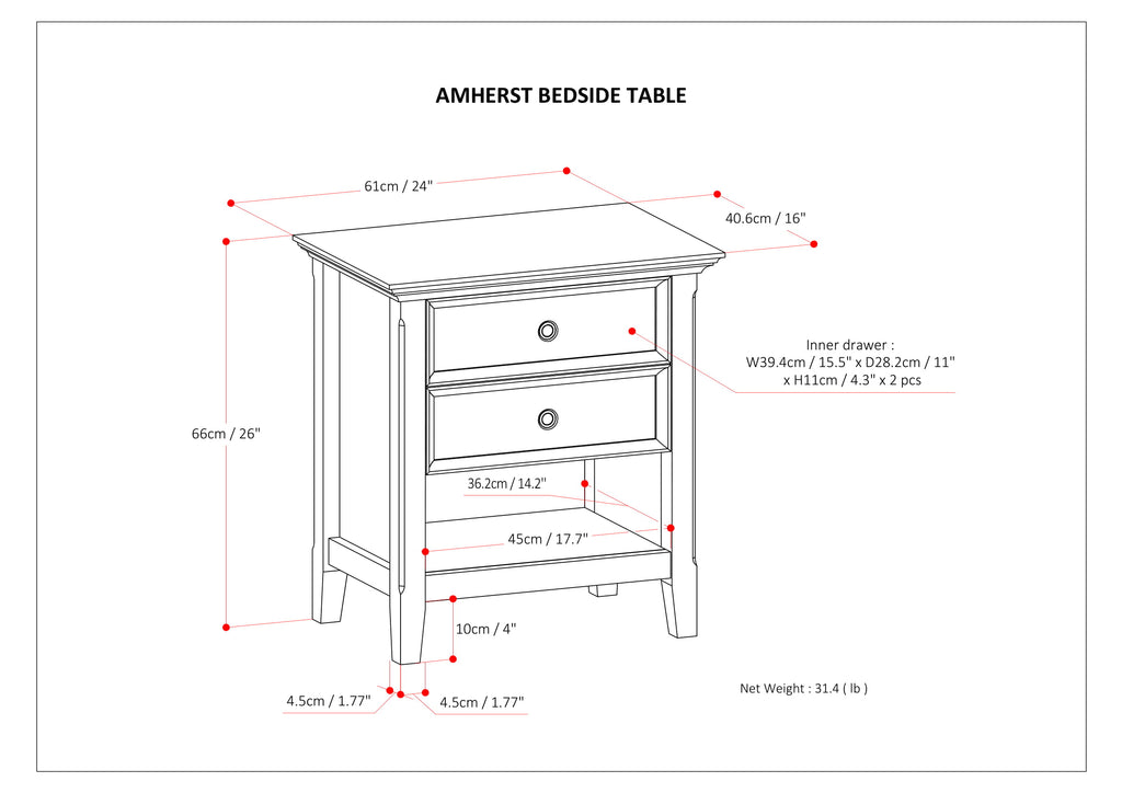 Amherst Bedside Table, Dark Brown Wood, Two-Drawer Nightstand