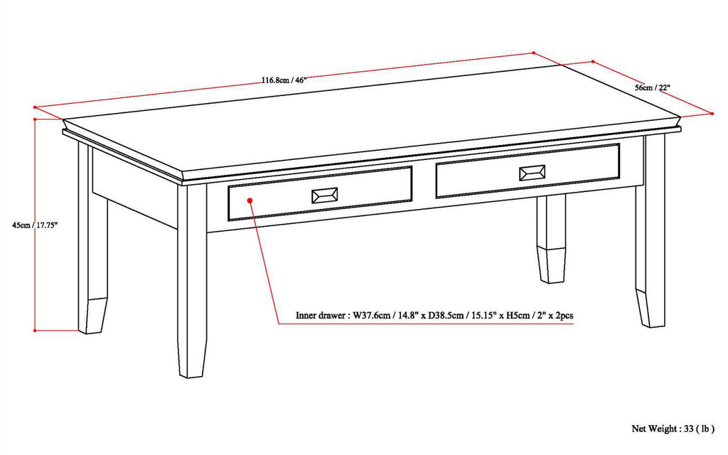 Artisan 46 Inch Wide Solid Wood Coffee Table in Russet