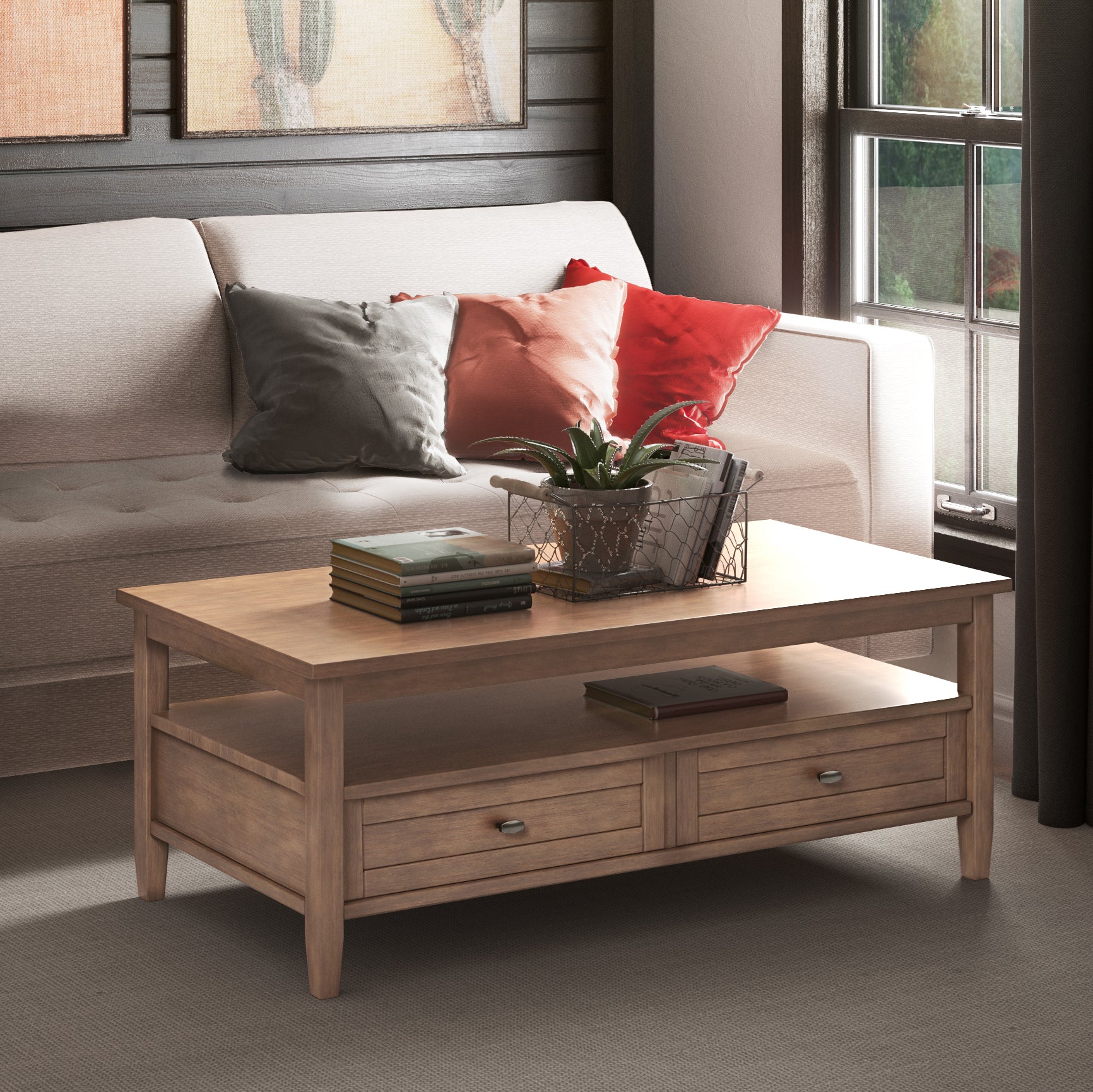 Warm Shaker Solid Wood 48 Inch Wide Transitional Coffee Table in Rustic