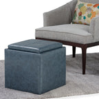 Rockwood 17 Inch Wide Cube Storage Ottoman with Tray in Denim