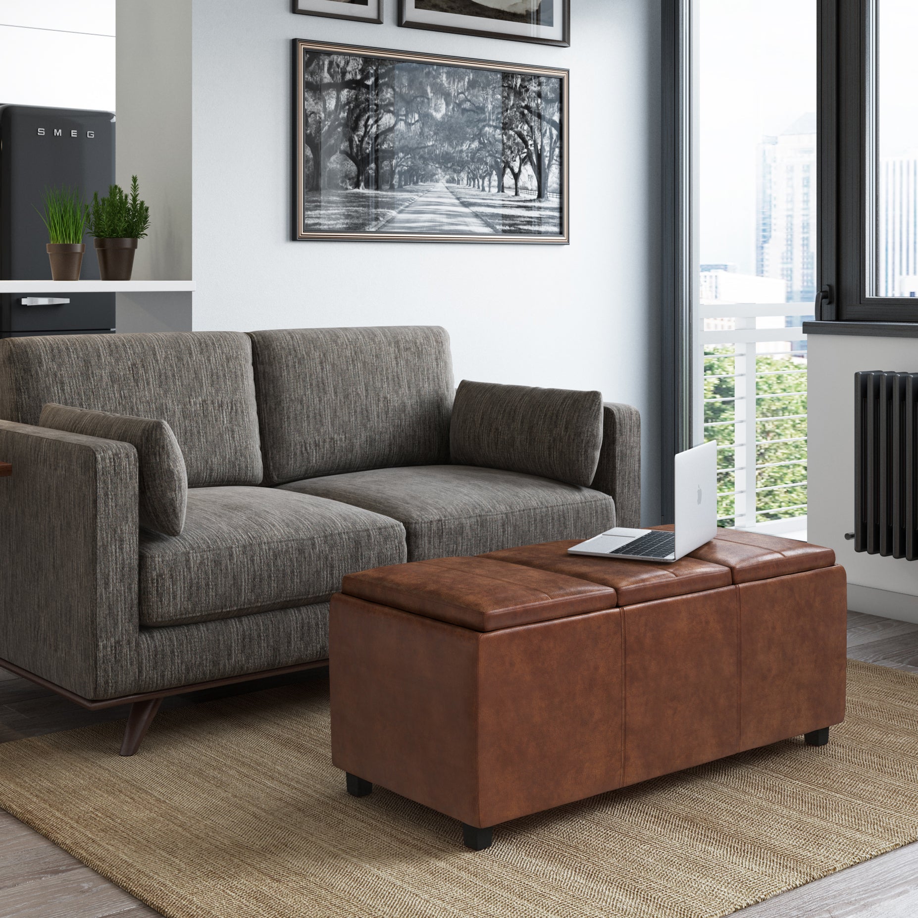 Avalon 42 Inch Wide Storage Ottoman in Distressed Saddle