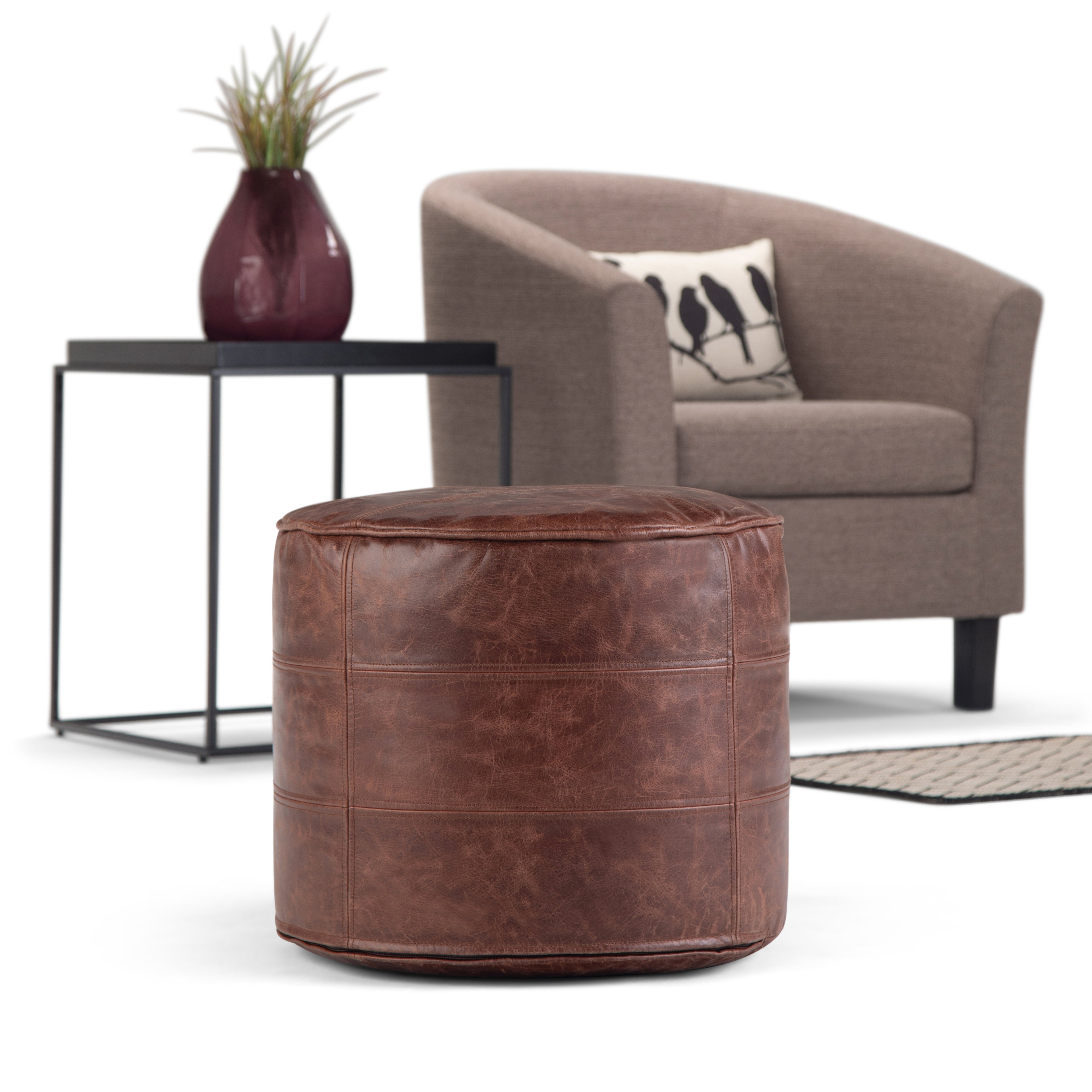 Connor 18 Inch Wide Round Pouf in Distressed