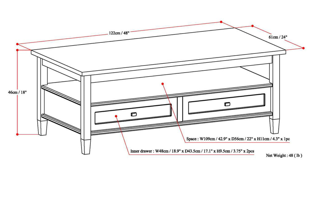 Warm Shaker Solid Wood 48 Inch Wide Transitional Coffee Table in Rustic