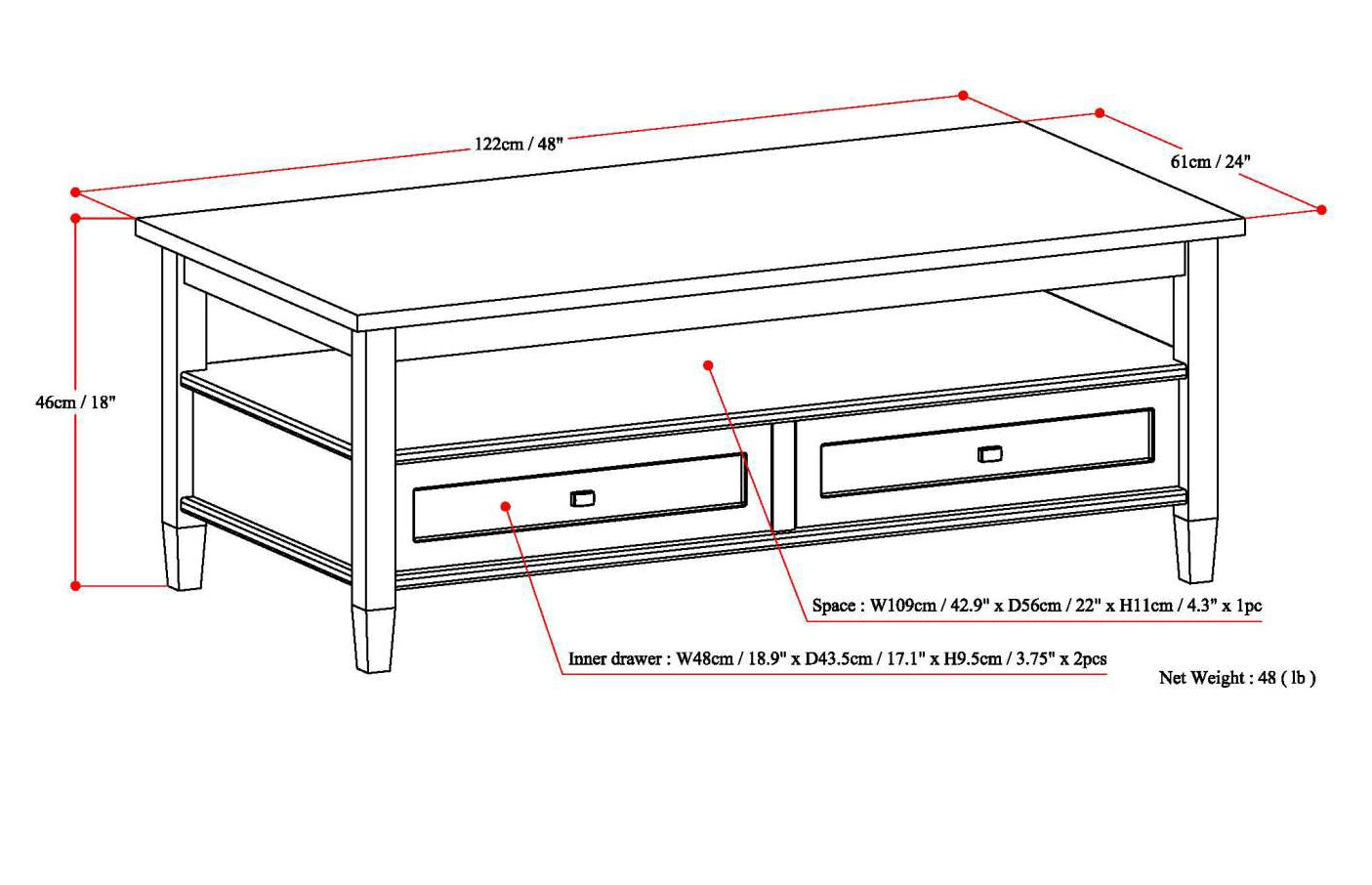 Warm Shaker Solid Wood 48 Inch Wide Transitional Coffee Table in Rustic