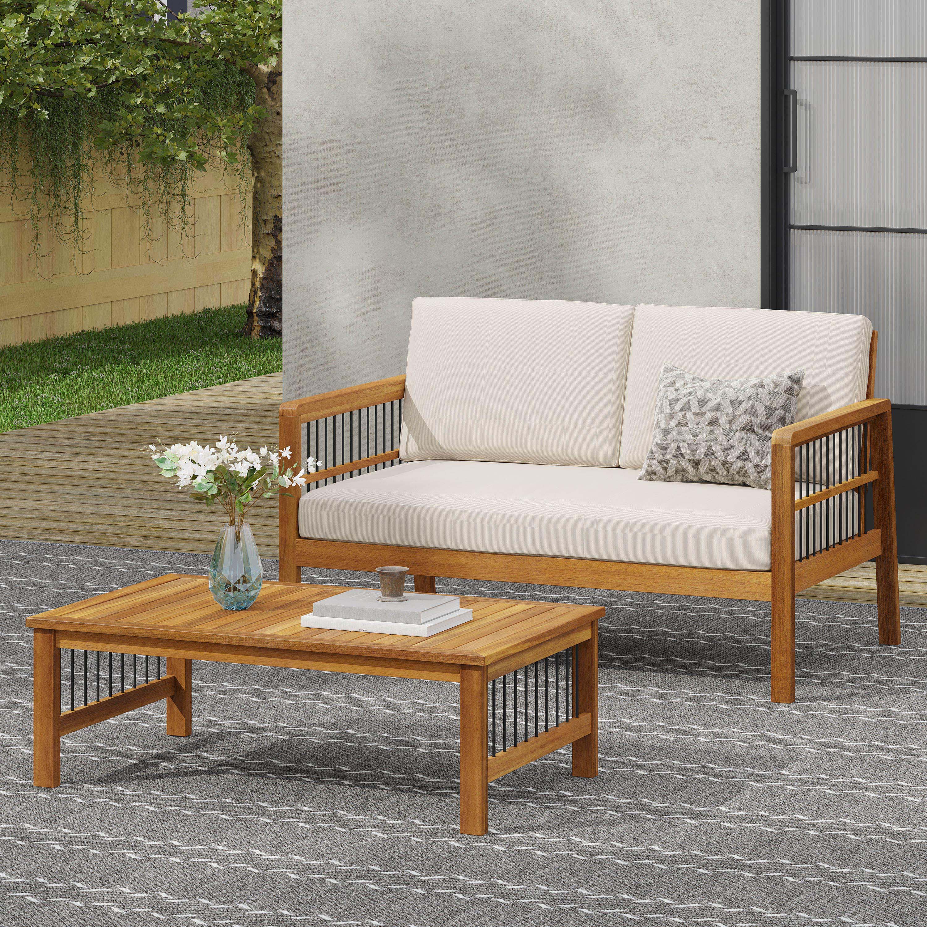 Outdoor Acacia Wood and Iron Loveseat and Coffee Table Set