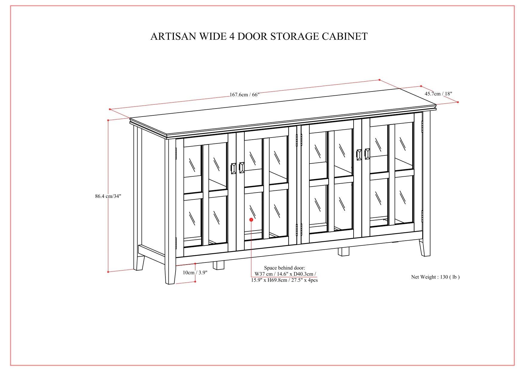 Artisan 66 Inch Wide Solid Wood Wide 4 Door Storage Cabinet in Russet