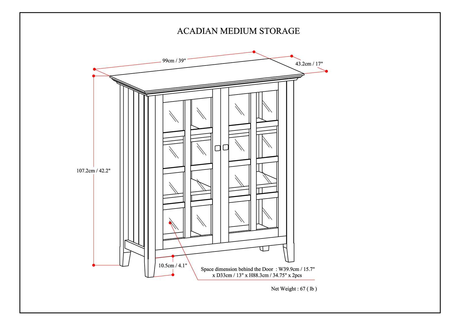 Acadian 39 Inch Wide Solid Wood Transitional Storage Cabinet