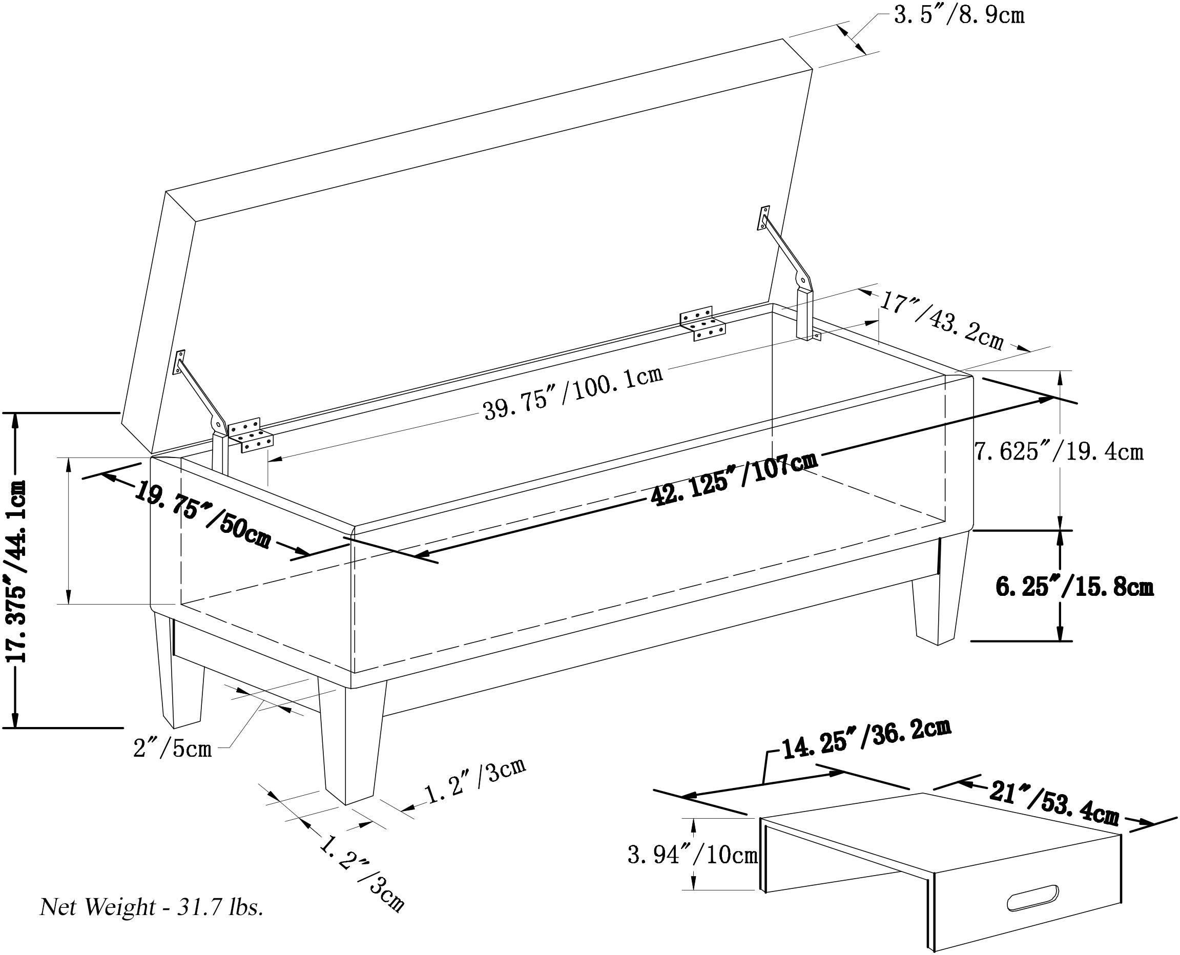 Oregon 42 Inch Wide Storage Ottoman Bench with Tray