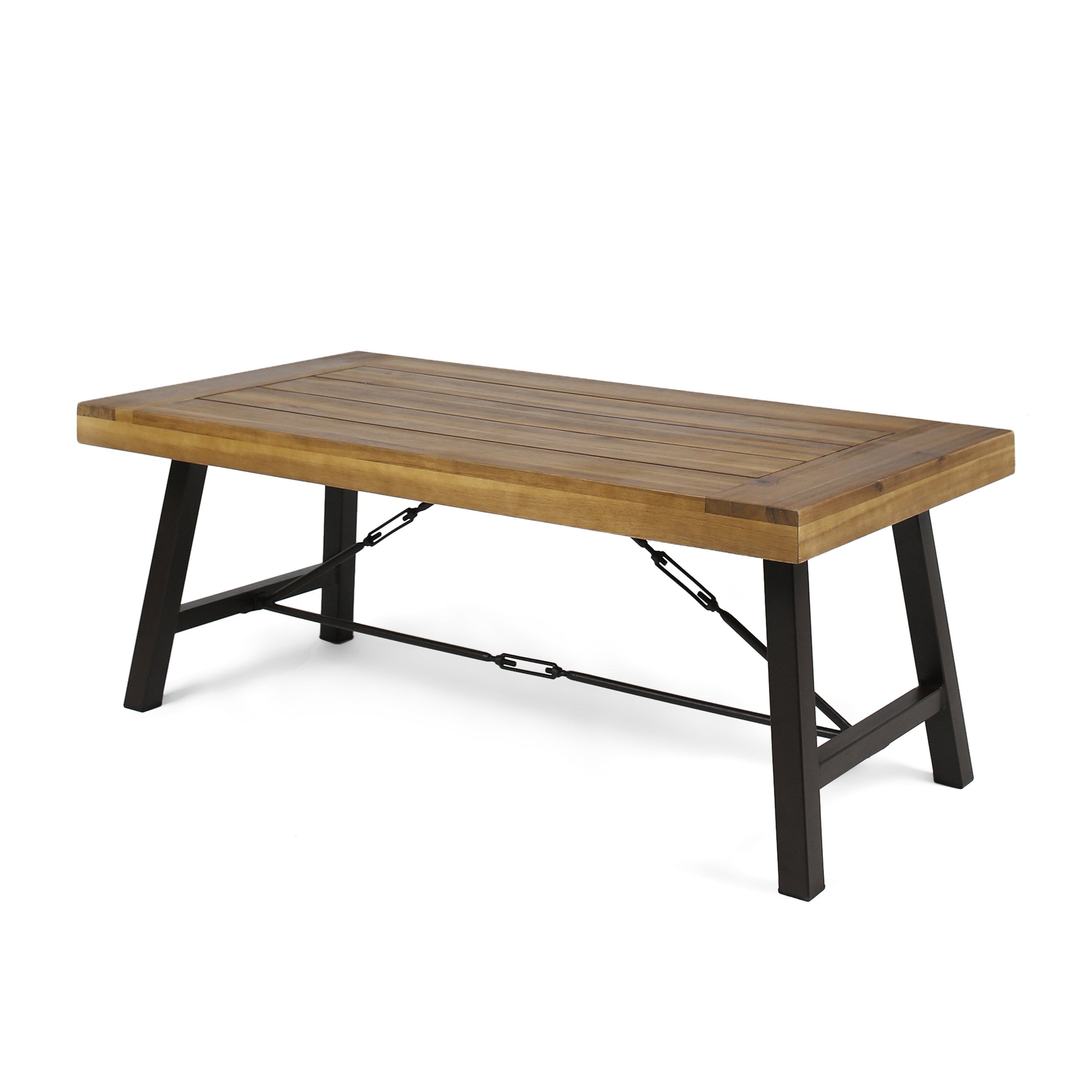 Outdoor Acacia Wood Coffee Table, Teak Finish / Rustic Metal