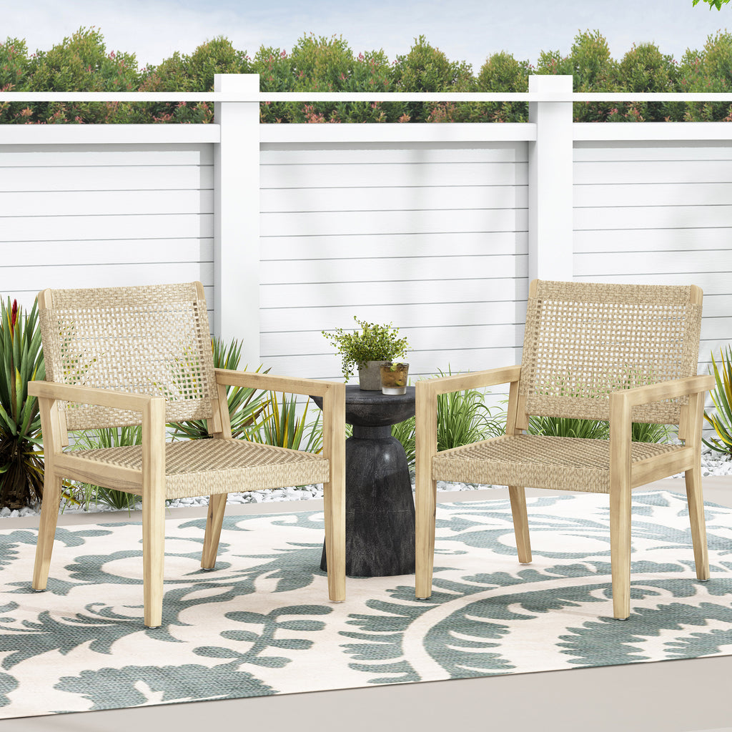 Outdoor Wicker and Acacia Wood Club Chairs, Set of 2