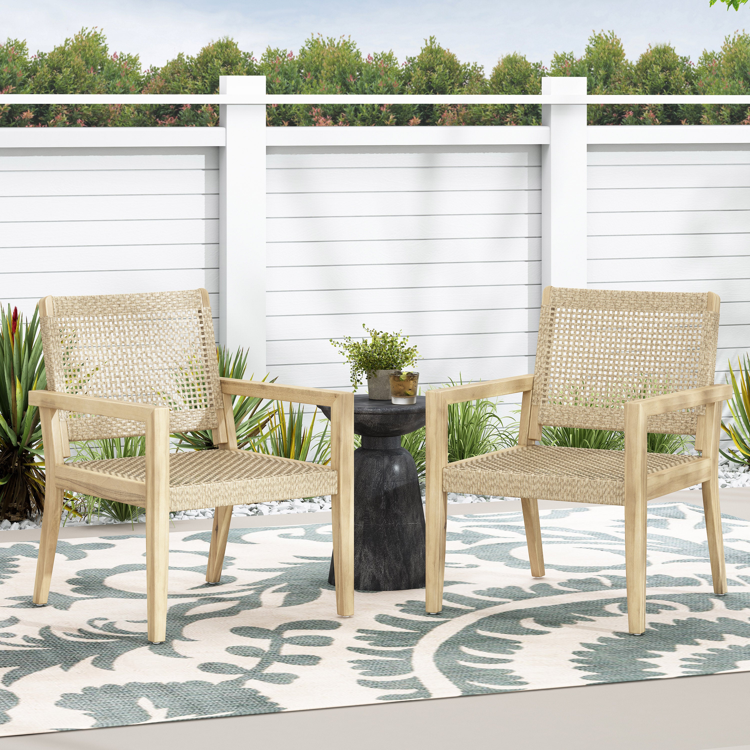 Outdoor Wicker and Acacia Wood Club Chairs, Set of 2