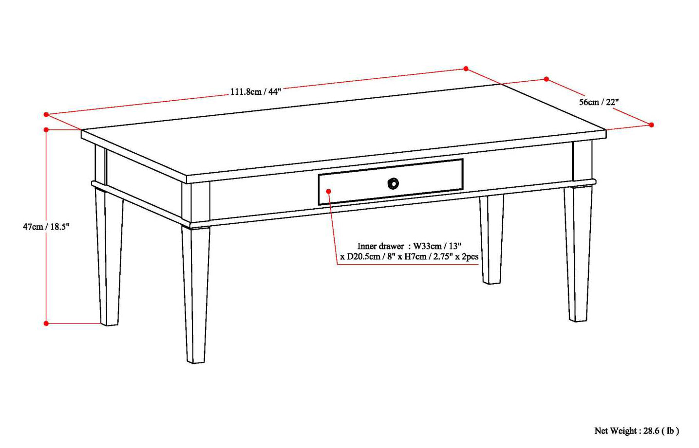 Carlton 44 Inch Wide Solid Wood Coffee Table in Brunette