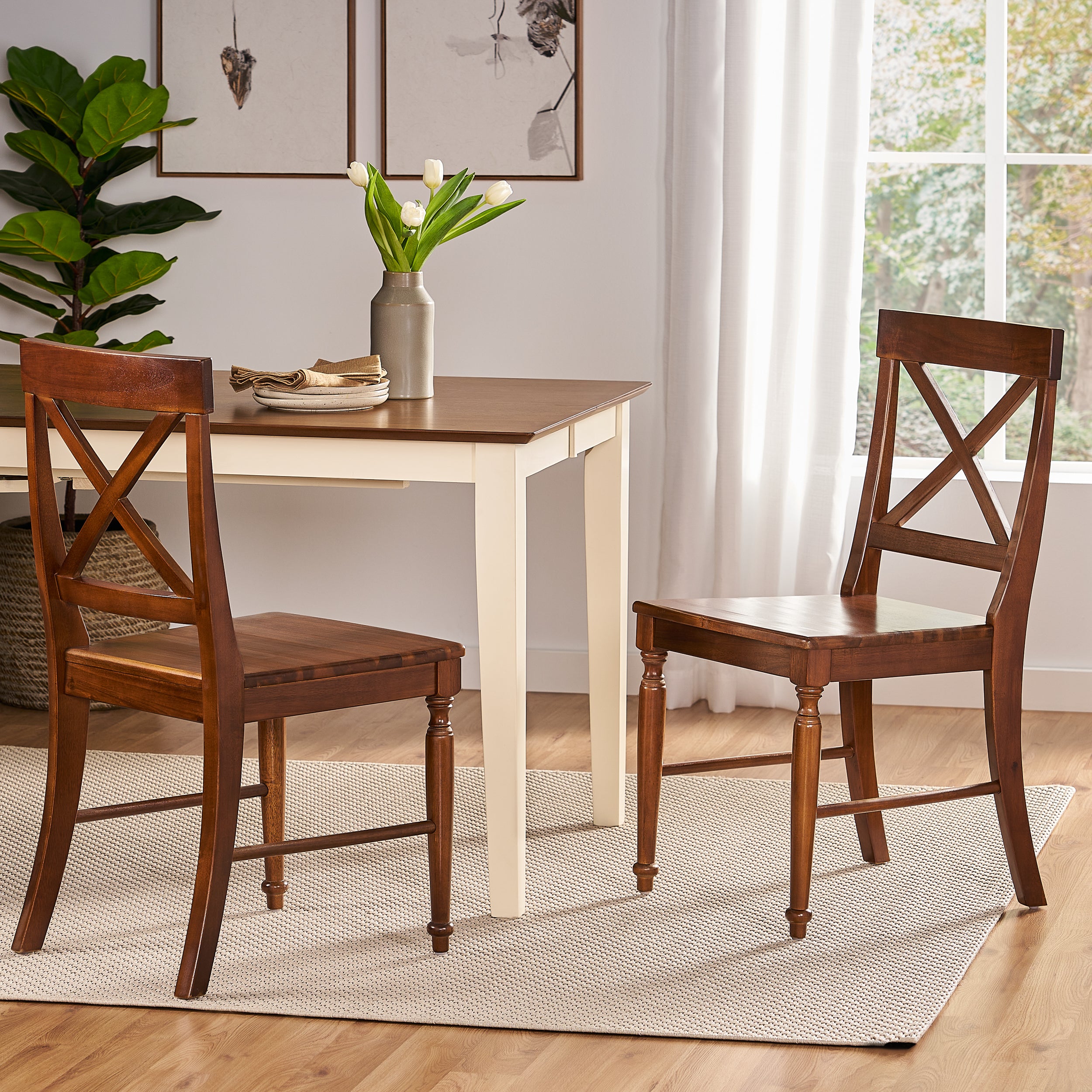 Acacia Wood Dining Chairs, 2-Pcs Set, Dark