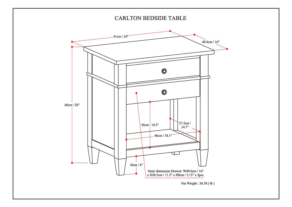 Carlton 24 Inch Wide Solid Wood Bedside Table