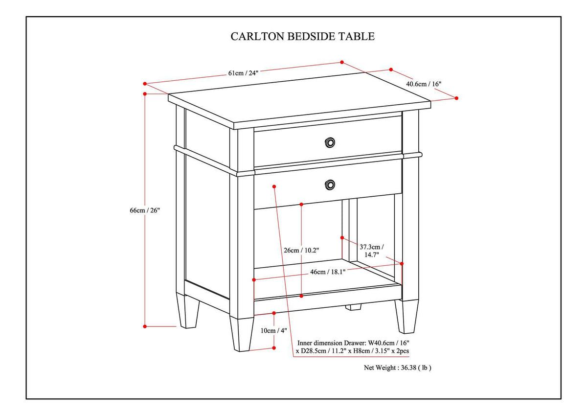 Carlton 24 Inch Wide Solid Wood Bedside Table in Brunette
