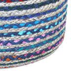 Margo 20 Inch Wide Round Pouf in Multi-Blue Handwoven Jute and Cotton