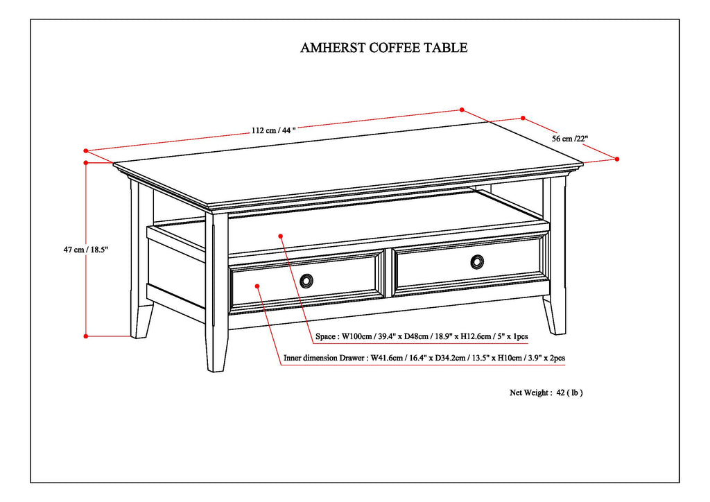 Amherst 44 Inch Wide Solid Wood Coffee Table in Hickory