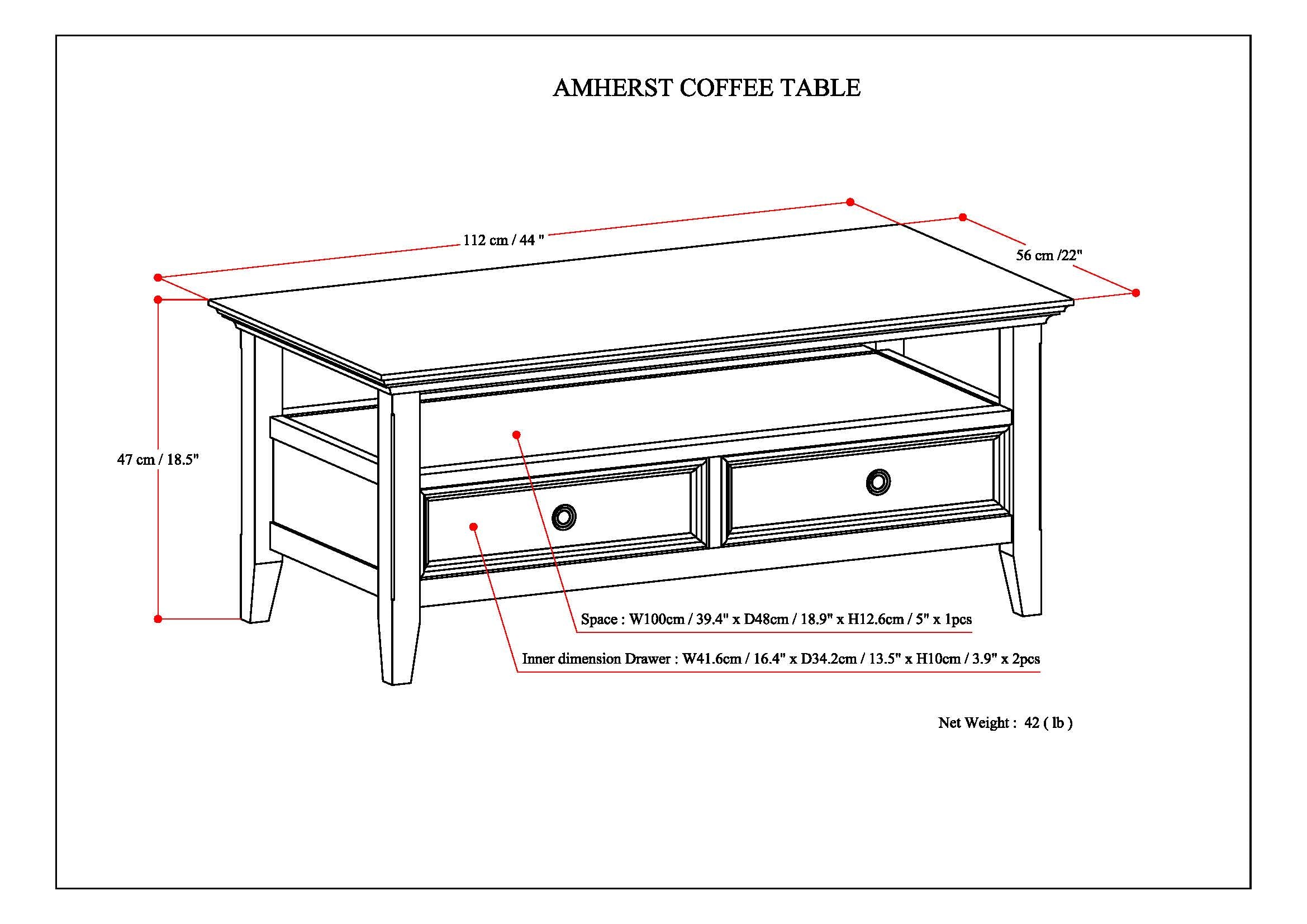 Amherst 44 Inch Wide Solid Wood Coffee Table in Hickory