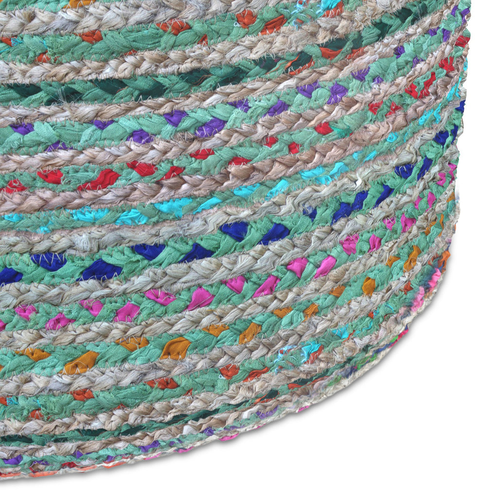 Margo 20 Inch Wide Round Pouf in Multi-Green Handwoven Jute and Cotton