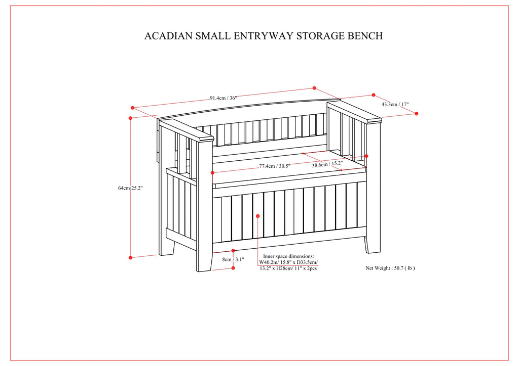 Acadian Solid Wood Small Entryway Storage Bench in Brunette