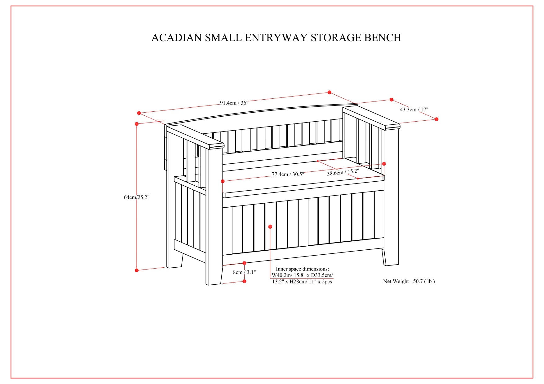 Acadian Solid Wood Small Entryway Storage Bench in Brunette