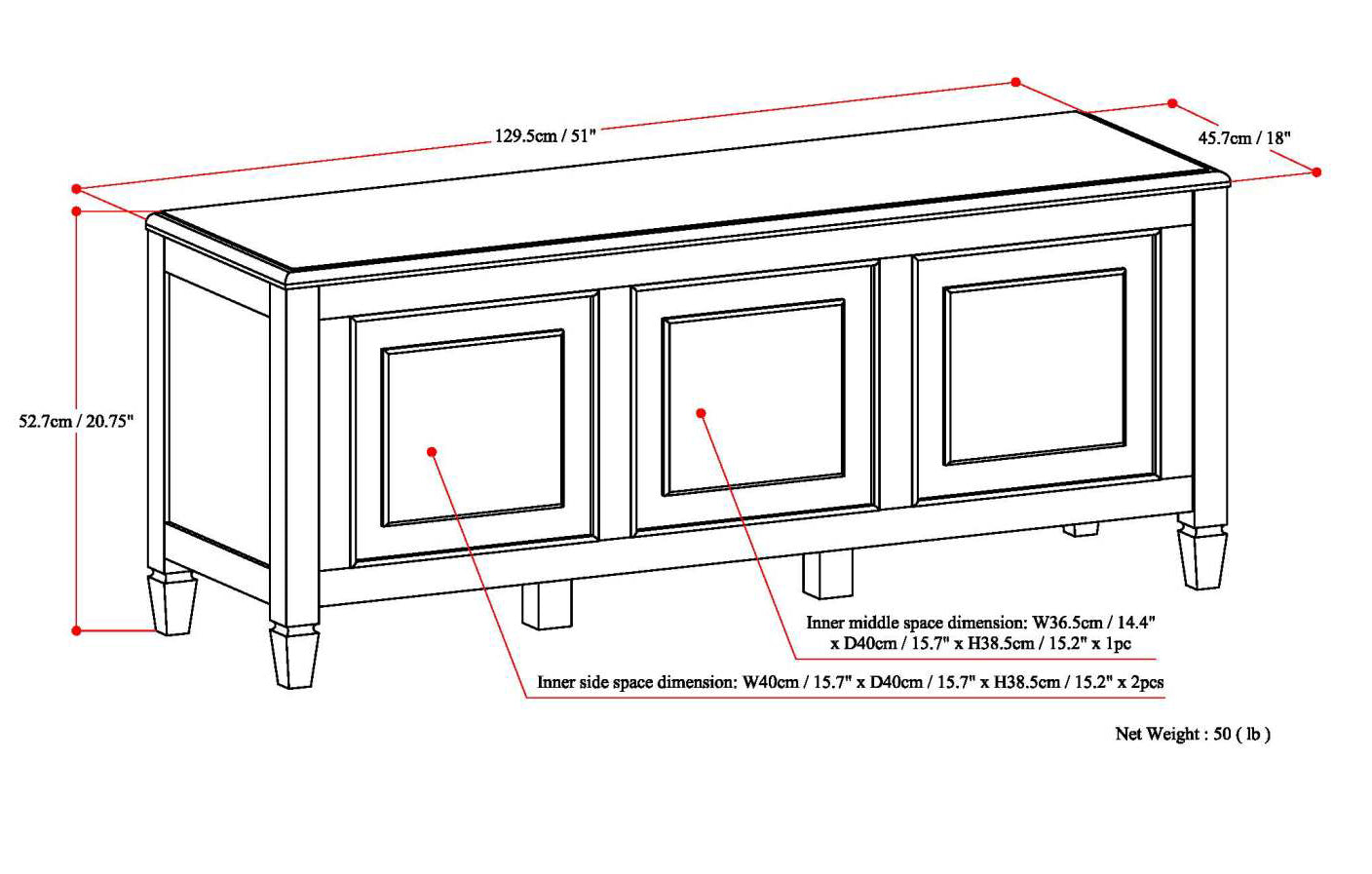 Connaught 51 Inch Wide Solid Wood Storage Bench Trunk