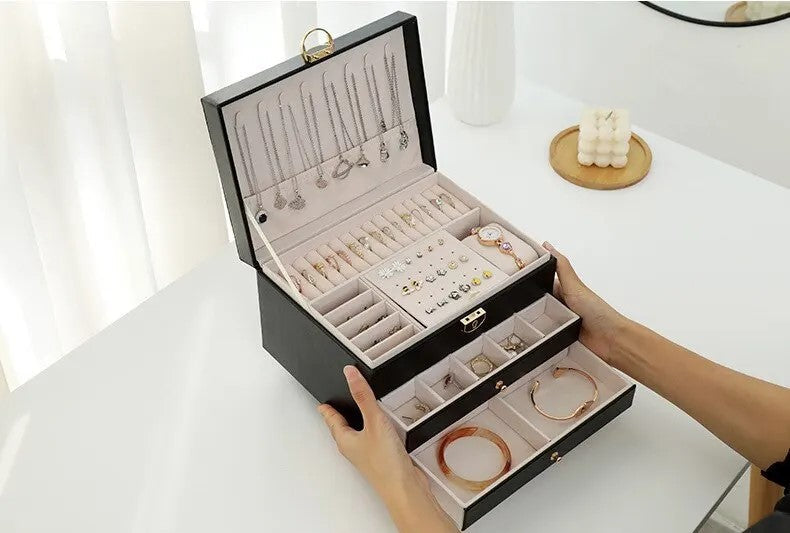 3 Layer Leather Jewelry Box Organizer Case with Compartments 23x17cm