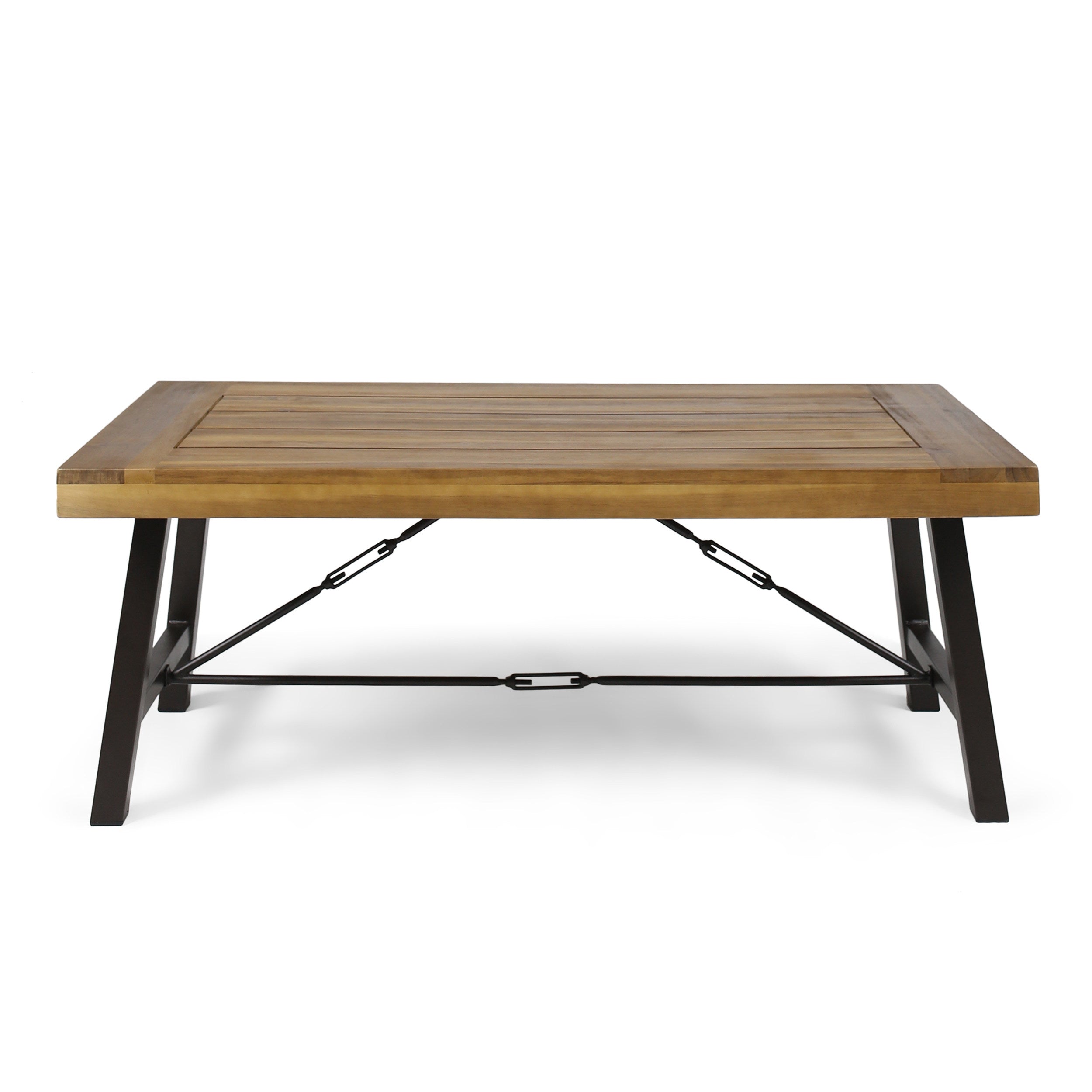 Outdoor Acacia Wood Coffee Table, Teak Finish / Rustic Metal
