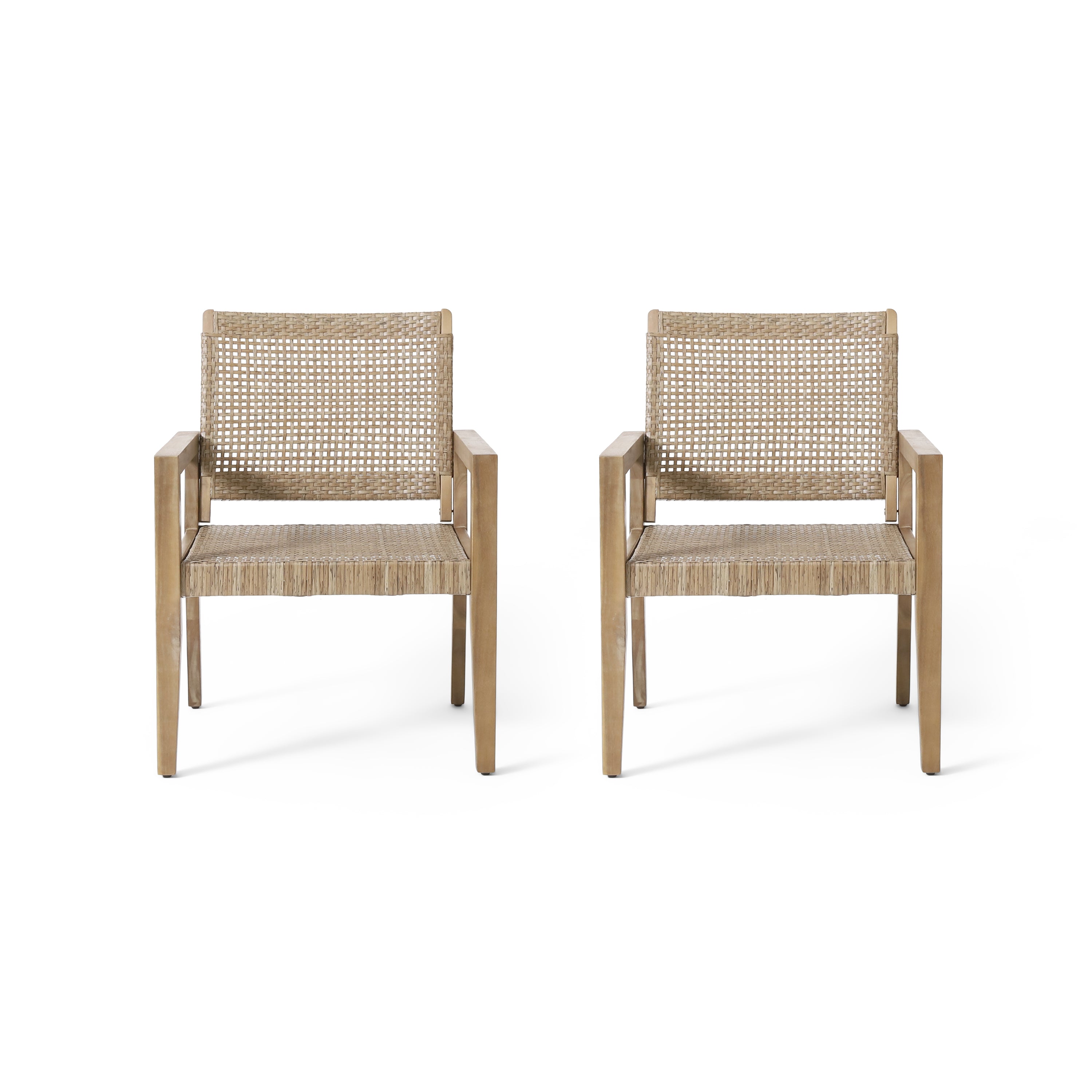 Outdoor Wicker and Acacia Wood Club Chairs, Set of 2