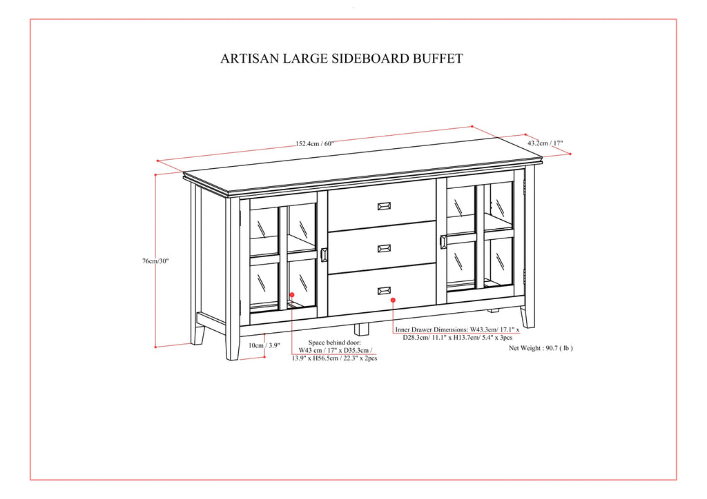 Artisan 60 Inch Wide Solid Wood Large Sideboard Buffet