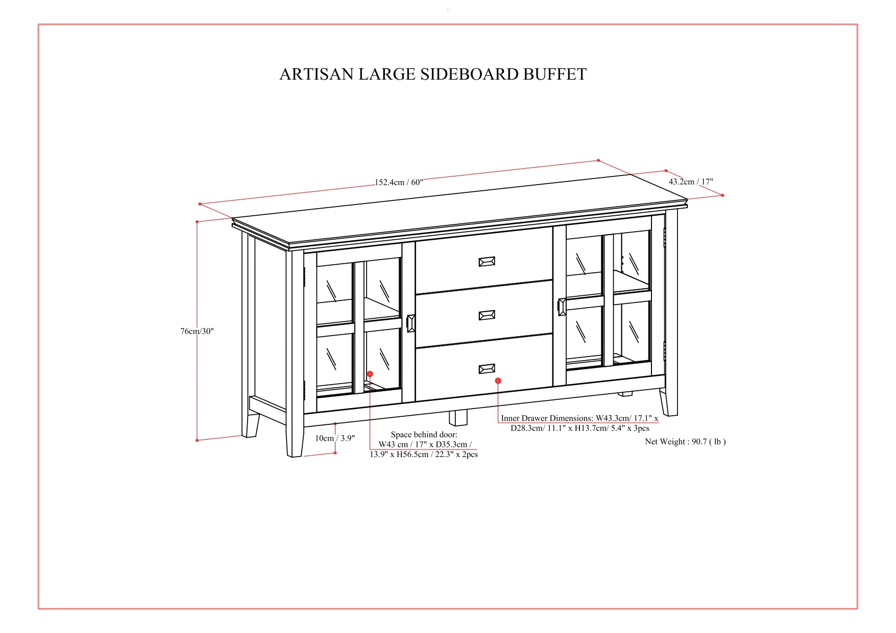 Artisan 60 Inch Wide Solid Wood Large Sideboard Buffet