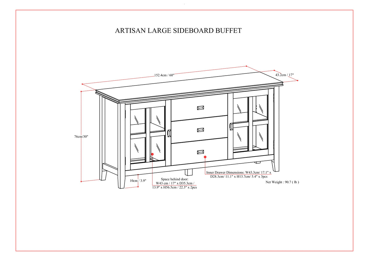 Artisan 60 Inch Wide Solid Wood Large Sideboard Buffet in Russet