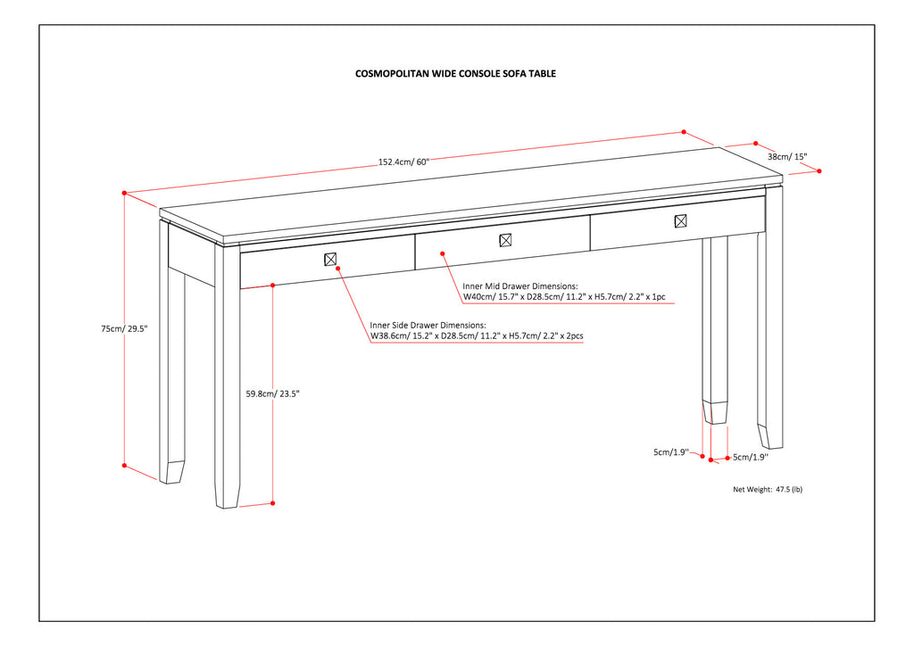 Cosmopolitan 60 Inch Wide Solid Wood Console Sofa Table