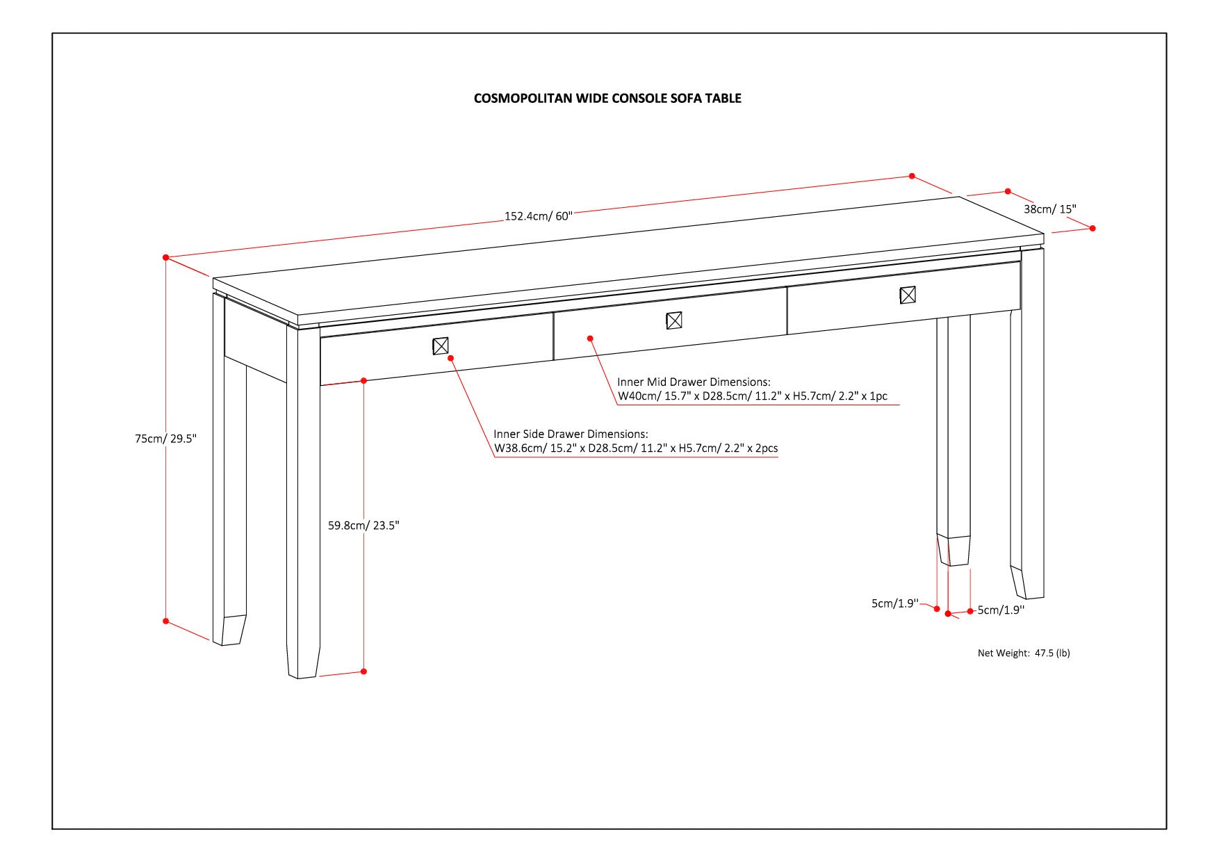 Cosmopolitan 60 Inch Wide Solid Wood Console Sofa Table