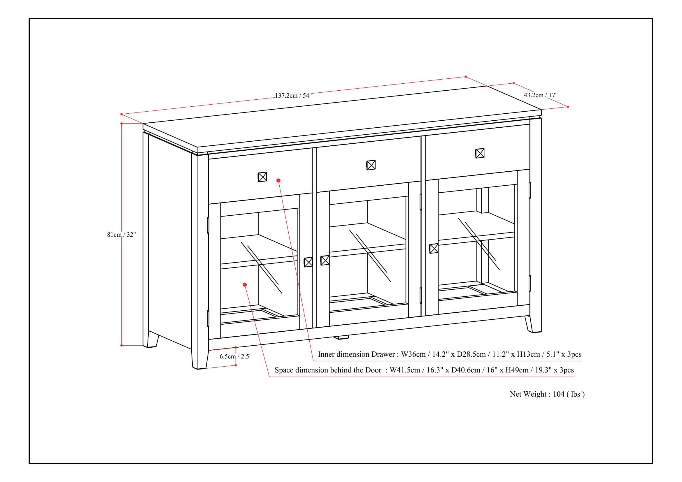 Cosmopolitan 54" Wide Solid Wood Sideboard Buffet in Medium Saddle