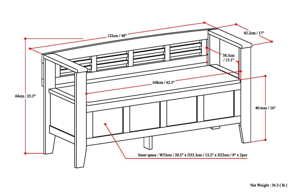Adams 48 Inch Wide Solid Wood Entryway Storage Bench